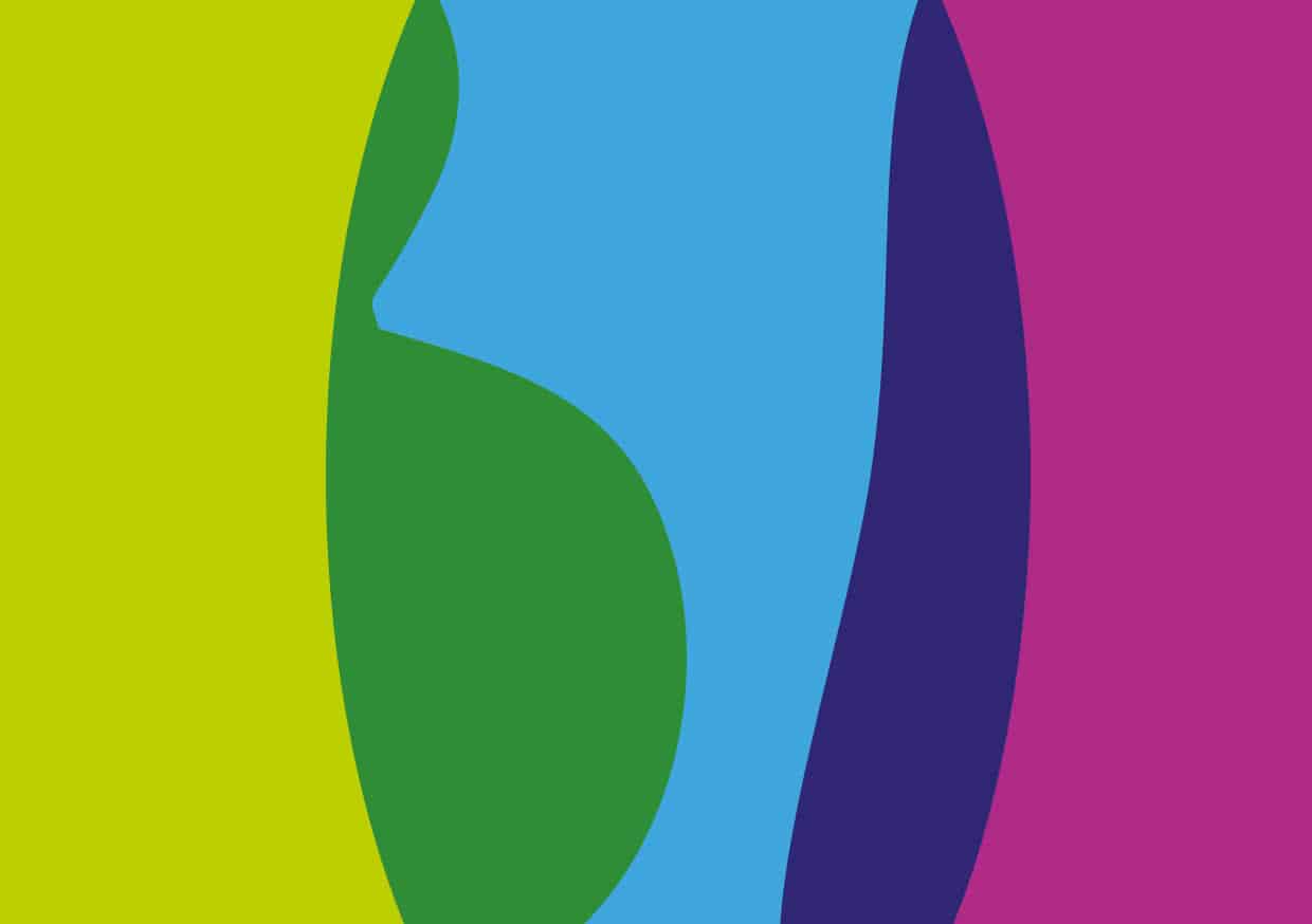 Zoomed in image of the BID Services logo letters, which are bubble like letters for B, I and D in light green, light blue and purple, overlapping one another to show dark green and dark blue where they overlap.