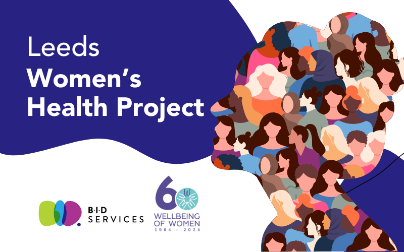 White text surrounded by a dark blue circular shape reads "Leeds Women's Health Project. To the right of the text is an image of a woman's silhouette filled with more cartoon images of multiple women. At the bottom of the image is the BID logo and the Wellbeing of Women logo.