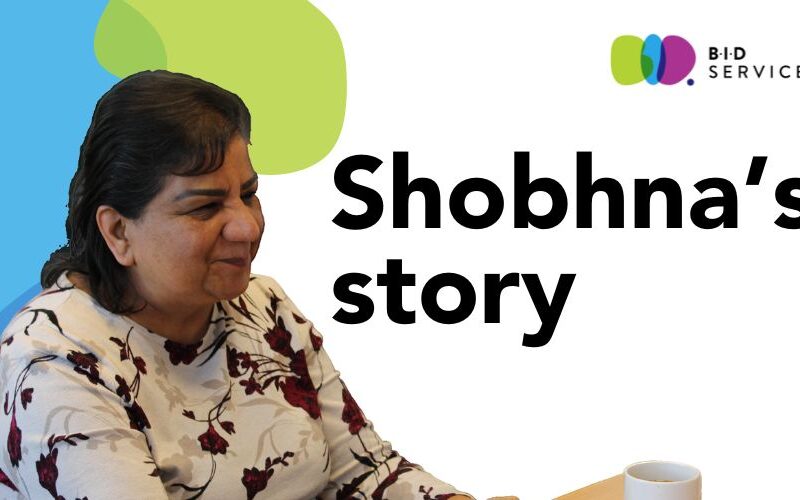 Text reads Shobhna's story. Shobhna sat at a desk, facing right and smiling.