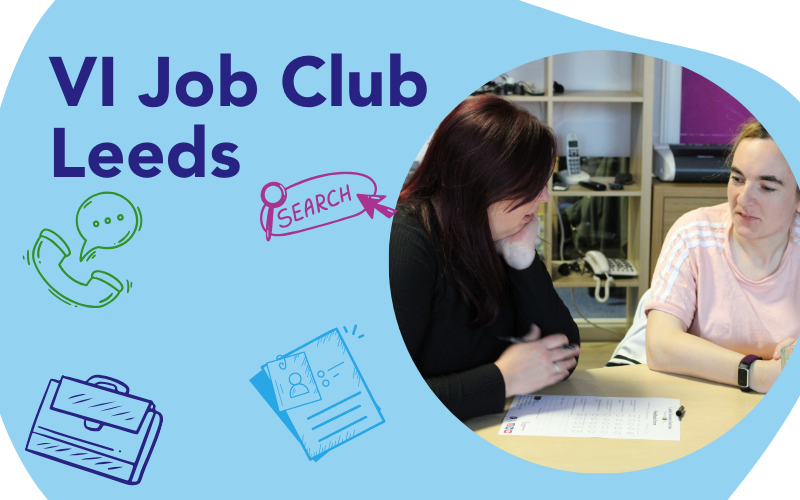 VI Job Club with a blue background and image of a member of staff talking with a service member.