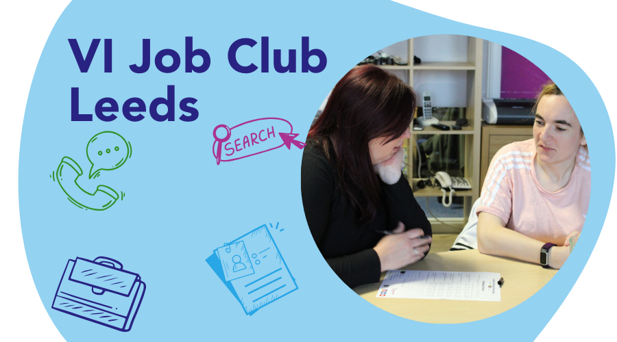 VI Job Club with a blue background and image of a member of staff talking with a service member.